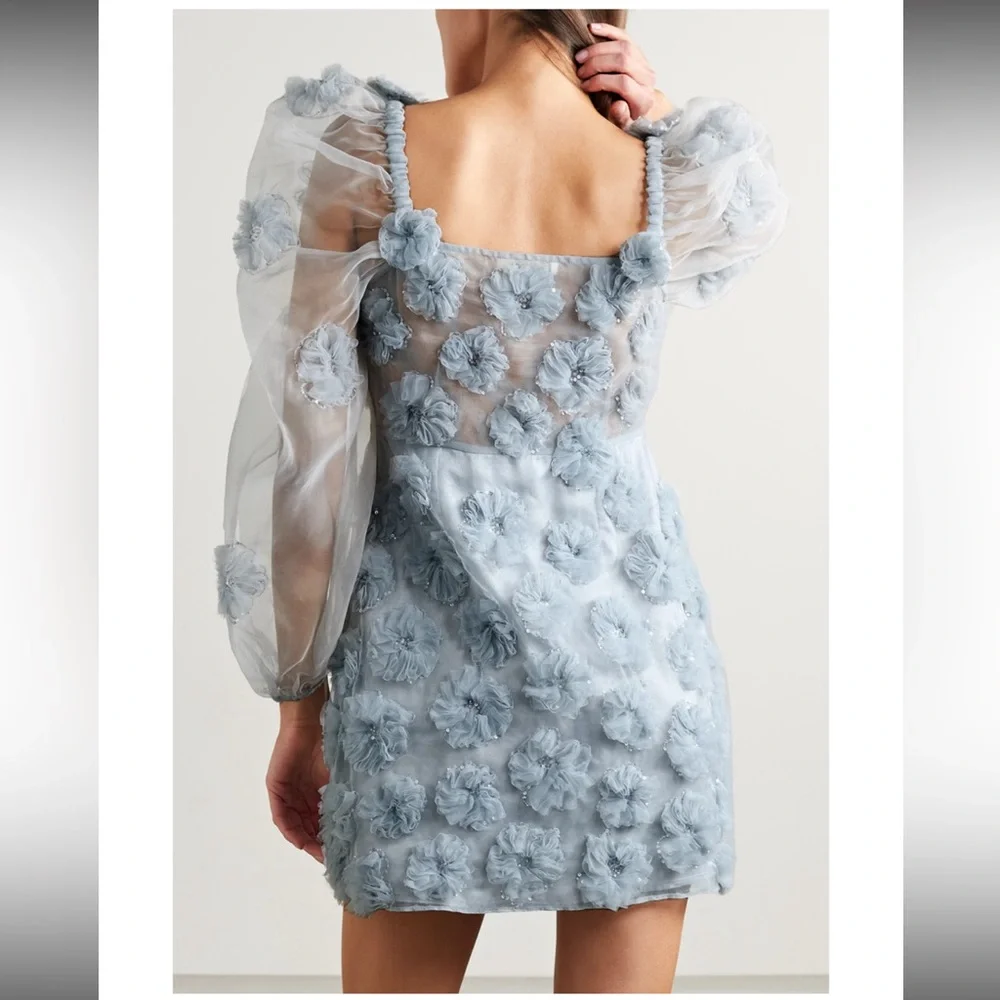 NWT LOVESHACKFANCY Wells appliquéd organza mini dress in blue size 4 - Picture 3 of 12